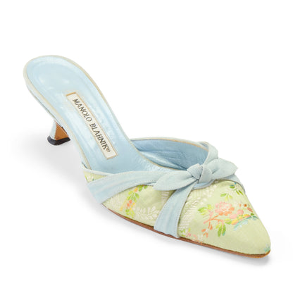 manolo blahnik 2000s vintage blue green floral bow baroque marie antoinette floral mule heels IT 36.5 US 6.5 UK 3.5