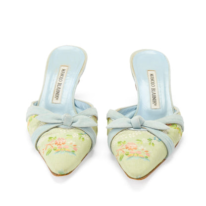 manolo blahnik 2000s vintage blue green floral bow baroque marie antoinette floral mule heels IT 36.5 US 6.5 UK 3.5