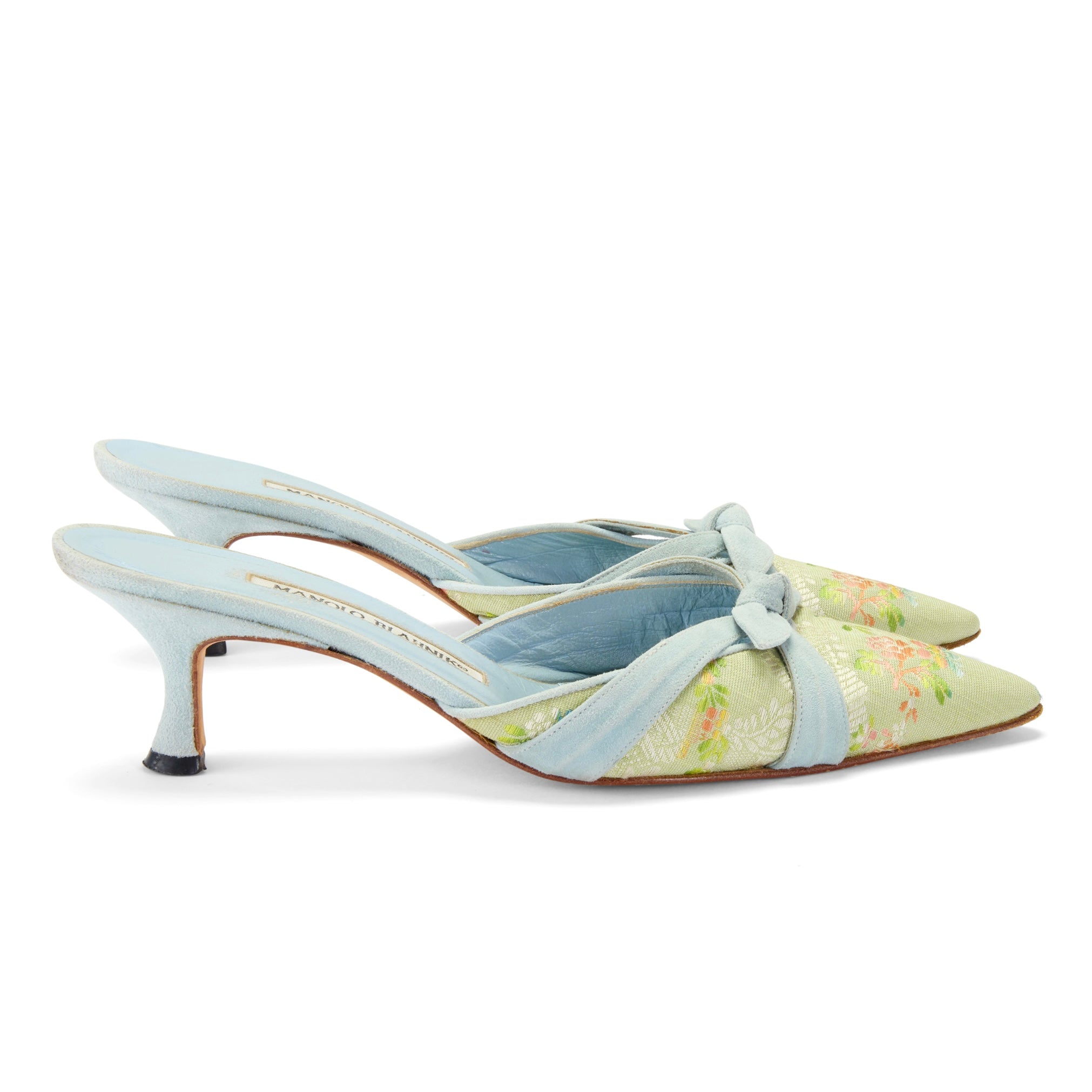 manolo blahnik 2000s vintage blue green floral bow baroque marie antoinette floral mule heels IT 36.5 US 6.5 UK 3.5