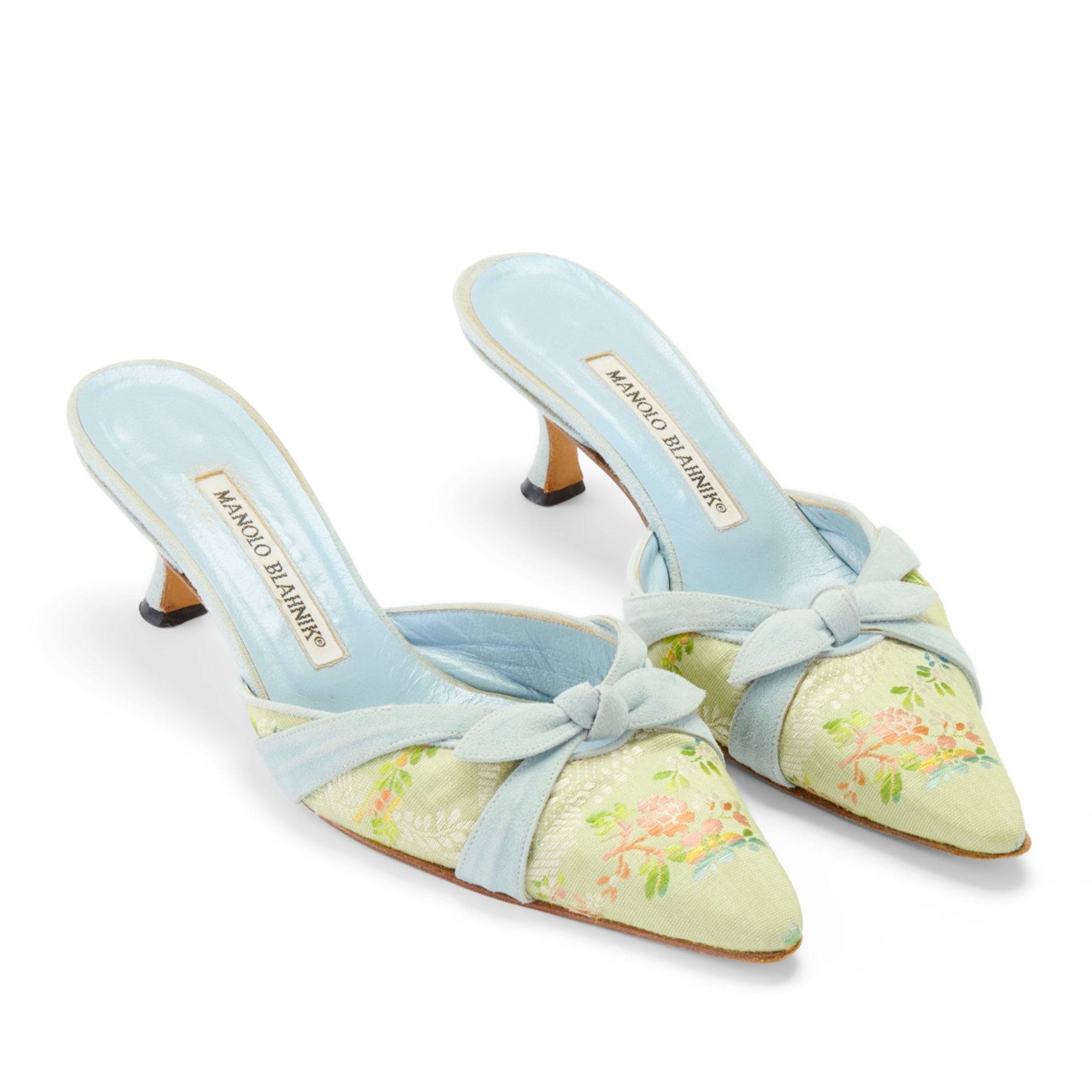 manolo blahnik 2000s vintage blue green floral bow baroque marie antoinette floral mule heels IT 36.5 US 6.5 UK 3.5