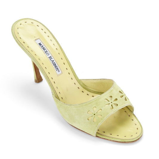 manolo blahnik 2000s vintage eyelet laser cut floral suede khaki green sandal heels IT 41 US 11 UK 8