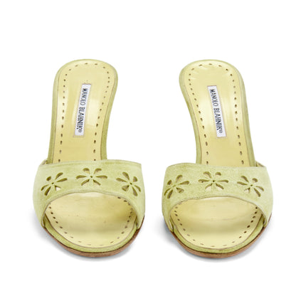 manolo blahnik 2000s vintage eyelet laser cut floral suede khaki green sandal heels IT 41 US 11 UK 8