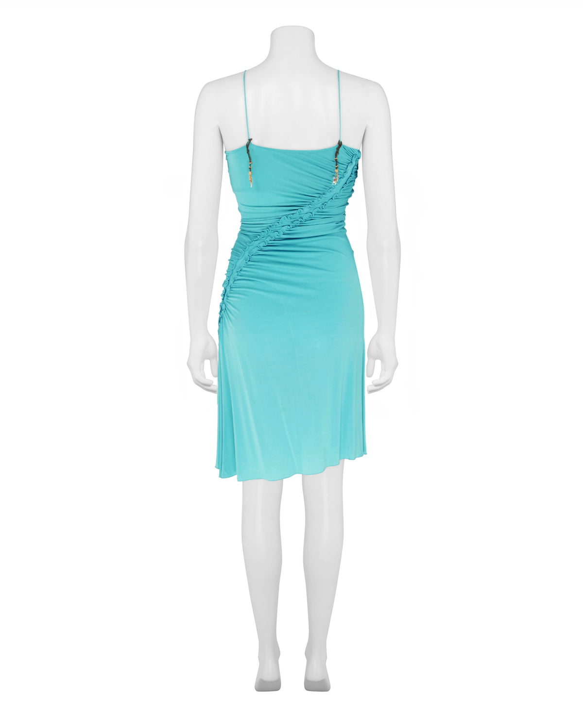A turquoise blue wrap-style spaghetti strap dress displayed on a white mannequin against a plain white background.