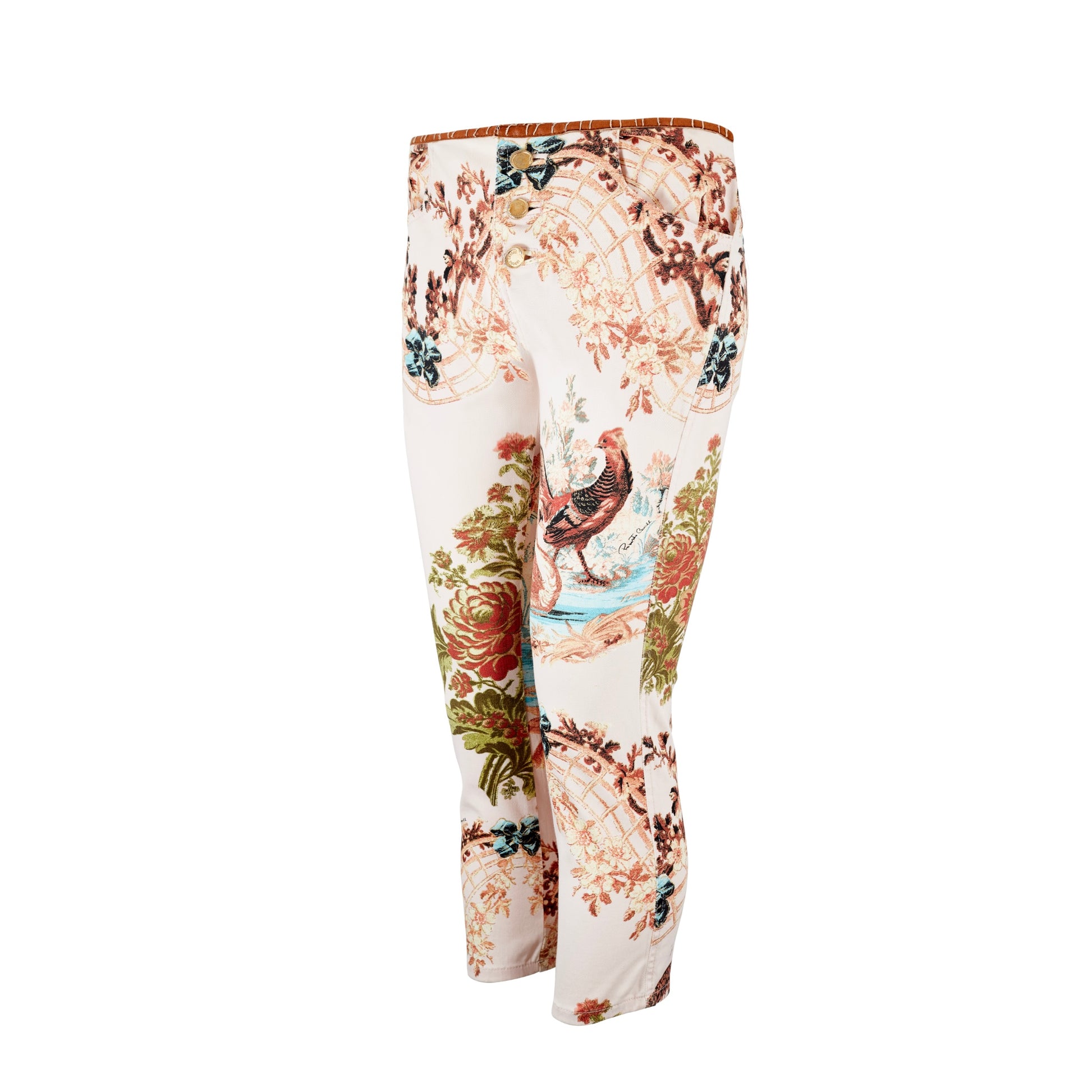 roberto cavalli spring summer 2003 chinoiserie chinese print bird floral oriental capri jeans trousers pants vintage 2000s rare pink denim