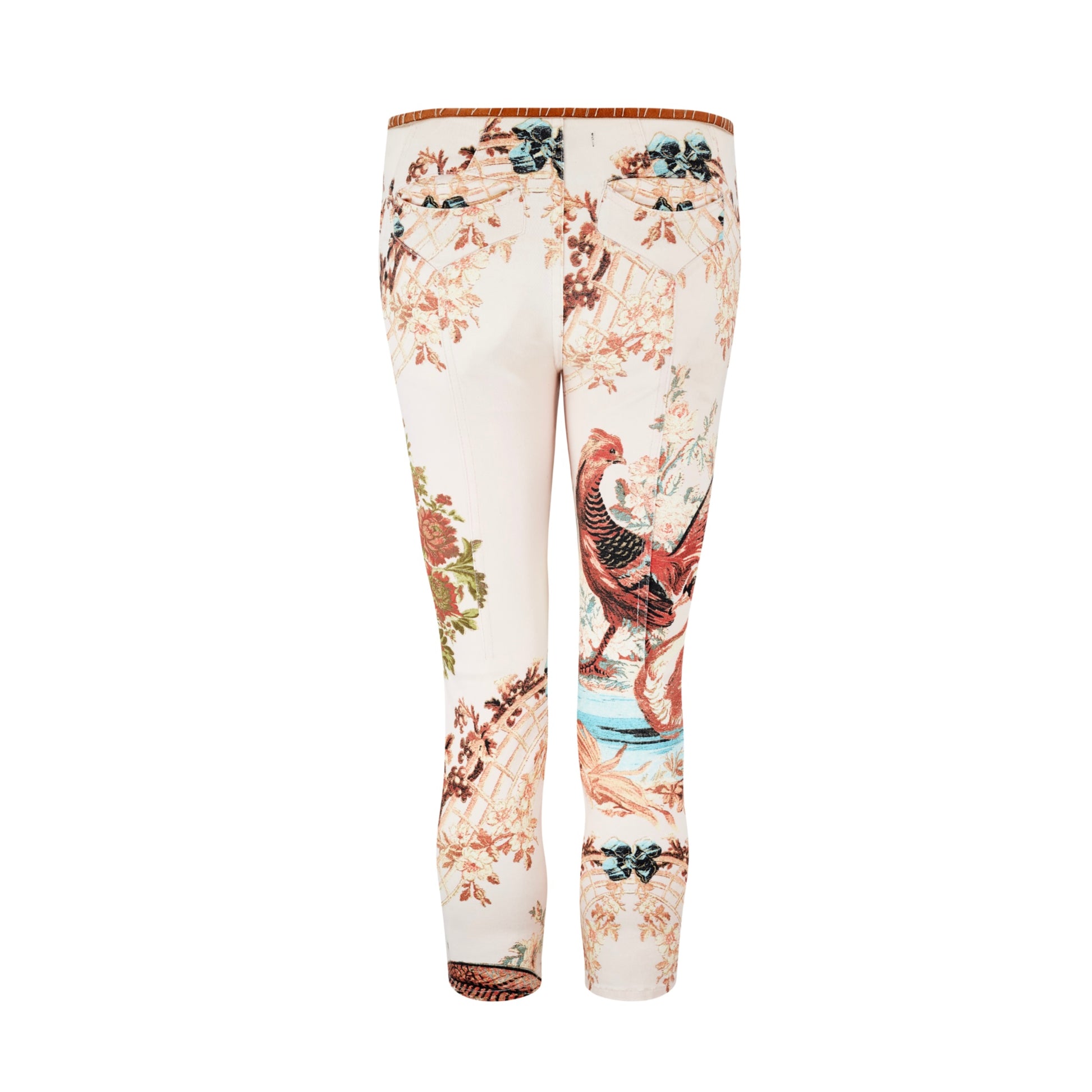 roberto cavalli spring summer 2003 chinoiserie chinese print bird floral oriental capri jeans trousers pants vintage 2000s rare pink denim