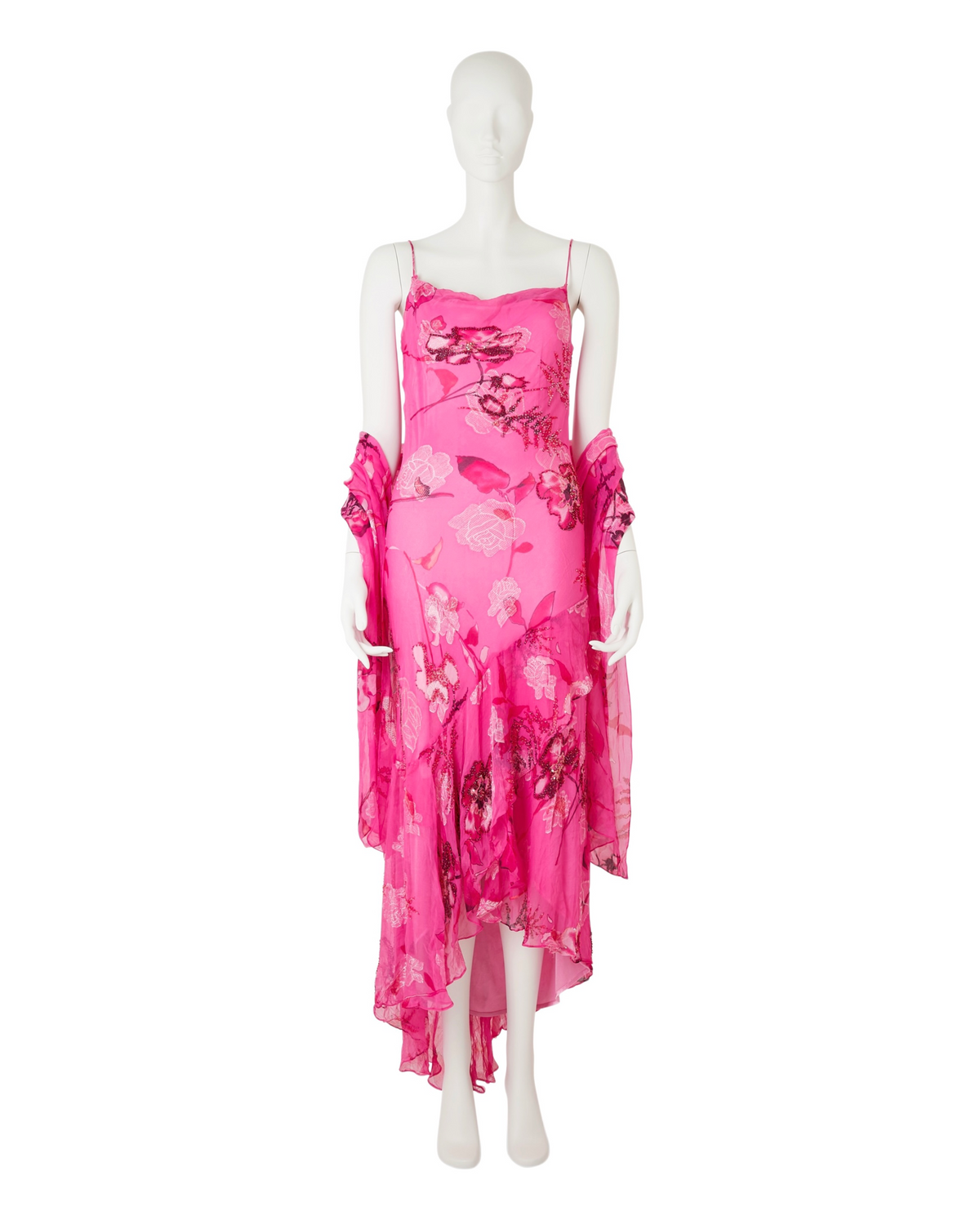 100% Silk Barbie Pink Floral Beaded Asymmetrical Dress