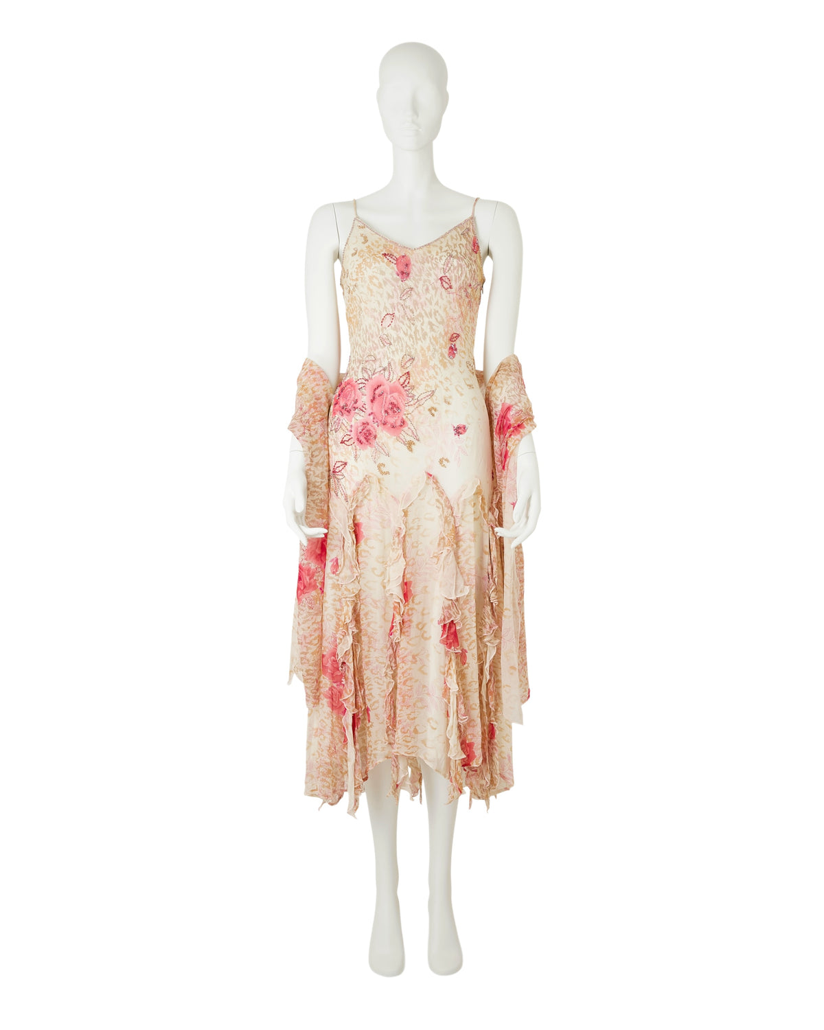 100% Silk Cream Pink Floral Beaded Asymmetrical Dress