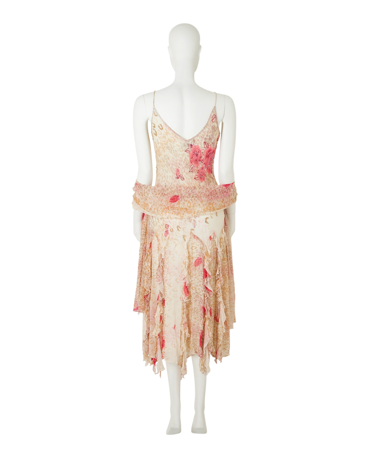 100% Silk Cream Pink Floral Beaded Asymmetrical Dress